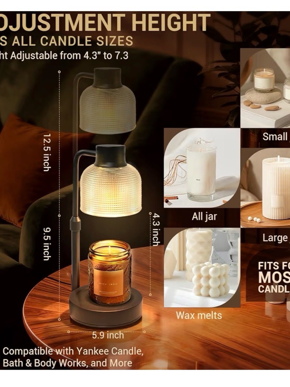 Adjustable Candle Warmer Lamp with Frosted Textured Shade - Picture 2 of 4